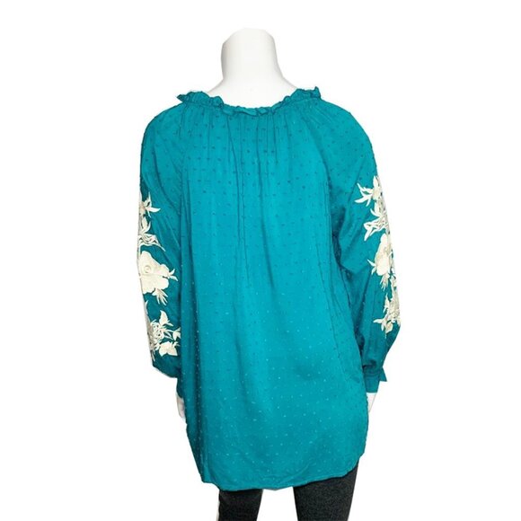 NWT SOLITAIRE Teal boho embroidered top - Picture 3 of 6